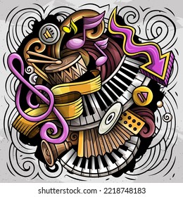 Music hand drawn vector doodles illustration. Musical poster design. Sound elements and objects cartoon background. Bright colors funny picture
