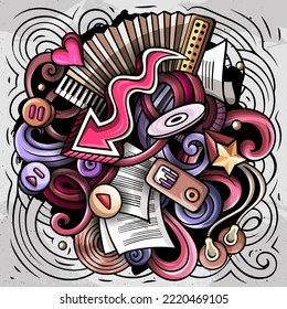 Music hand drawn vector doodles illustration. Musical poster design. Sound elements and objects cartoon background. Bright colors funny picture