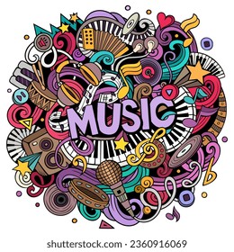 Music hand drawn vector doodles illustration. Musical design. Sound elements and objects cartoon background. Bright colors funny picture. All items are separated
