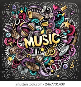 Music hand drawn vector doodles illustration. Musical design. Sound elements and objects cartoon background. Bright colors funny picture. All items are separated