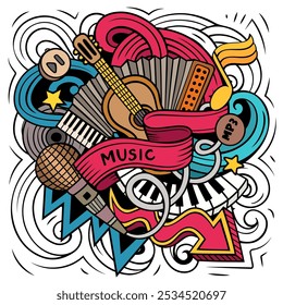 Music hand drawn vector doodles illustration. Musical poster design. Sound elements and objects cartoon background. Bright colors funny picture