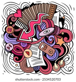 Music hand drawn vector doodles illustration. Musical poster design. Sound elements and objects cartoon background. Bright colors funny picture