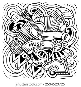 Music hand drawn vector doodles illustration. Musical poster design. Sound elements and objects cartoon background. All items are separated