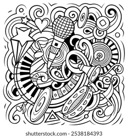Music hand drawn vector doodles illustration. Musical poster design. Sound elements and objects cartoon background. All items are separated