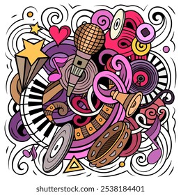 Music hand drawn vector doodles illustration. Musical poster design. Sound elements and objects cartoon background. Bright colors funny picture