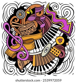 Music hand drawn vector doodles illustration. Musical poster design. Sound elements and objects cartoon background. Bright colors funny picture