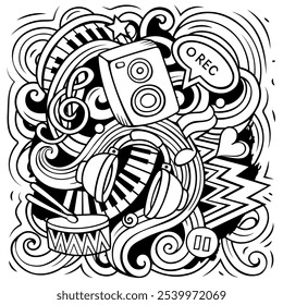 Music hand drawn vector doodles illustration. Musical poster design. Sound elements and objects cartoon background. All items are separated