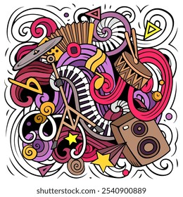 Música dibujada a mano ilustración de garabatos de Vector. Diseño de póster musical. Elementos de sonido y objetos de fondo de dibujos animados. Colores brillantes imagen divertida