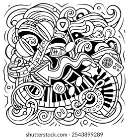Music hand drawn vector doodles illustration. Musical poster design. Sound elements and objects cartoon background. All items are separated