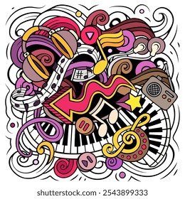 Music hand drawn vector doodles illustration. Musical poster design. Sound elements and objects cartoon background. Bright colors funny picture