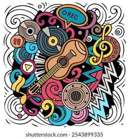 Music hand drawn vector doodles illustration. Musical poster design. Sound elements and objects cartoon background. Bright colors funny picture