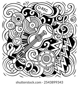 Music hand drawn vector doodles illustration. Musical poster design. Sound elements and objects cartoon background. All items are separated