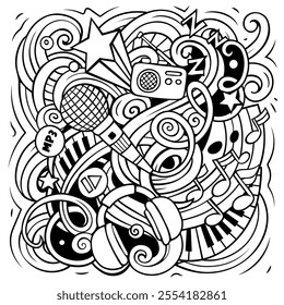 Music hand drawn vector doodles illustration. Musical poster design. Sound elements and objects cartoon background. All items are separated