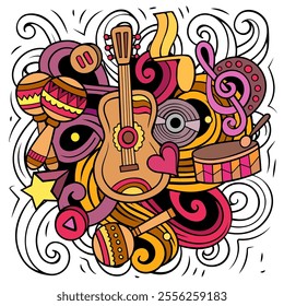 Music hand drawn vector doodles illustration. Musical poster design. Sound elements and objects cartoon background. Bright colors funny picture