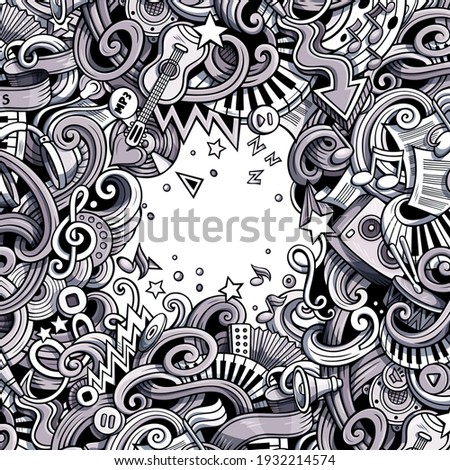 Music hand drawn vector doodles illustration. Musical frame design. Sound elements and objects cartoon background. Graphic funny picture