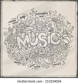 Music hand lettering and doodles elements background. Vector illustration