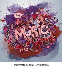 Music hand lettering and doodles elements and symbols emblem. Vector watercolor stains background