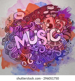 Music hand lettering and doodles elements and symbols emblem. Vector watercolor stains background