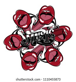 Music. Handwritten lettering. Vector hand drawn illustration of gramophone with human mouth. Template for card, poster. banner, print for t-shirt, pin, badge, patch.
