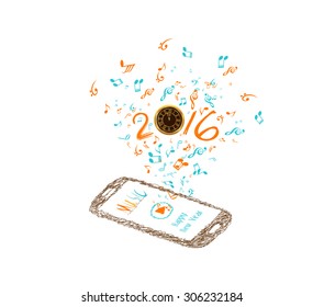 music for happy new year 2016 background with notes and smartphone