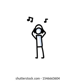 Music headphone stick figure vector illustration. Hand drawn simple listening to audio stick man. Pictogram clipart. 
