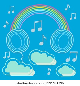 Music headphones, music notes and clouds vector drawing.