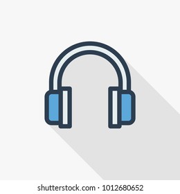 music headphones thin line flat icon. Linear vector illustration. Pictogram isolated on white background. Colorful long shadow design.
