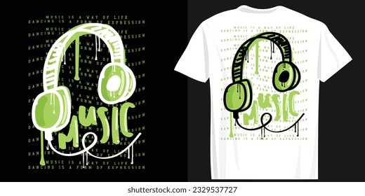 Music headphones. Urban street style typography. Vector illustration design for fashion graphics, t shirts, prints, posters, gifts.