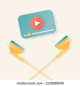 Music headphones with video film player symbol (like skull and crossbones) Idea - cinema industry, tools and equipment, online video streaming channels, digital records piracy, podcasts etc.
