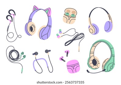 Music headphones. Wired and wireless audio equipment, earphones and in-ear electronic music devices flat vector Illustration set. Digital music listening devices