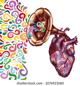 Music of the heart. Hand drawn vector symbolic illustration with a human heart and a gramophone tube. 