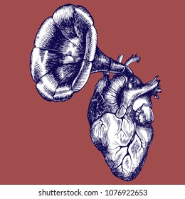 Music of the heart. Hand drawn vector symbolic illustration with a human heart and a gramophone tube. 