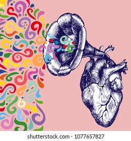 Music of the heart. Hand drawn vector symbolic illustration with a human heart and a gramophone tube. 