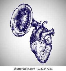 Music of the heart. Hand drawn vector symbolic illustration with a human heart and a gramophone tube. 