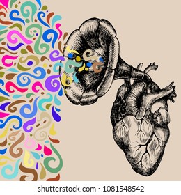 Music of the heart. Hand drawn vector symbolic illustration with a human heart and a gramophone tube. 