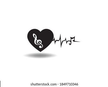 Music Heart Icon Vector illustration. Music notes symbol. musical sign, emblem isolated on white background with shadow, Flat style for graphic and web design, logo, silhouette.