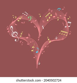 Corazón musical con clave y notas. Elemento de diseño para la música romántica. Tarjeta de San Valentín. Vector