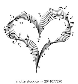 Music heart with key and notes. Design element for romantic music. Valentine card. Vector