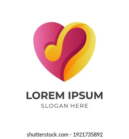 music heart logo, music and heart, combination logo with 3d red and yellow color style