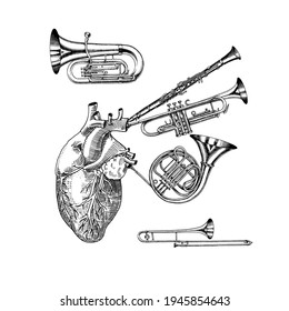 Music of the heart in vintage style. Jazz Musical Trombone Trumpet Flute French horn Saxophone. Hand Drawn sketch for tattoo or t-shirt or woodcut. Vintage Vector illustration for poster or banner.