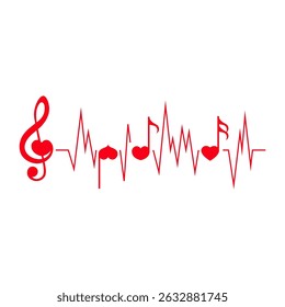 Music heartbeat, pulse line with music notes, vector illustration.