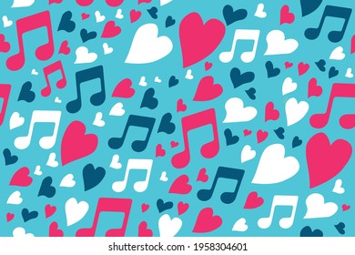 Music hearts abstract seamless pattern. Repetitive vector illustration of music notes and hearts. Favourite playlist, music love. EPS 10.