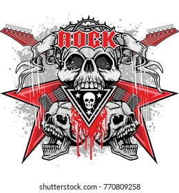 music, heavy metal, coat of arms with skull, grunge vintage design t shirts