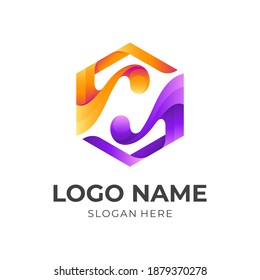 Musik-Hexagon-Logo, Hexagon und Musiknote, kombiniertes Logo mit 3D-Gelb und violettem Farbstil