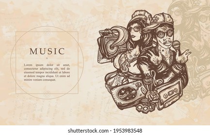 Music. Hip Hop Girl And Man. Old School Music Art. Swag Lifestyle. Street Break Dance. Fashion Portrait Of Modern Rap People. Boom Box, Audio Cassette. Renaissance Background. Medieval Manuscript Art