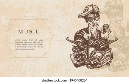 Music. Hip Hop Man. Rap Battle Art. Cool Rapper In Baseball Cap, Guns, Audio Type. Gangster From Ghetto. African American Teenager Musician, Portrait. Renaissance Background. Medieval Manuscript Style