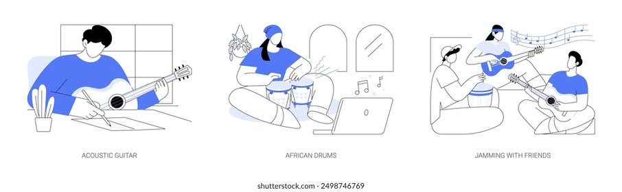 Music as a hobby isolated cartoon vector illustrations set. Young person plays acoustic guitar, writing a song, learning to play African drums, percussion class, jamming with friends vector cartoon.