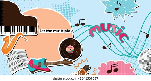 Music horizontal banner with vinyl record, piano, guitar, saxophone, microphone, footnotes, disco ball, notes. Pink, brown, orange colors on blue background with textures. Vector collage elements set.
