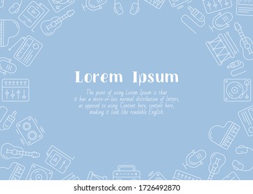 Música - tarjeta horizontal con texto y contorno vectorial ilustraciones del equipo de sonido para el diseño gráfico