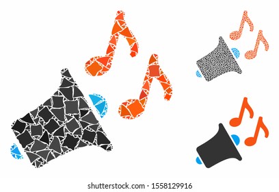 Music horn composition of bumpy items in variable sizes and color tones, based on music horn icon. Vector humpy items are composed into collage. Music horn icons collage with dotted pattern.